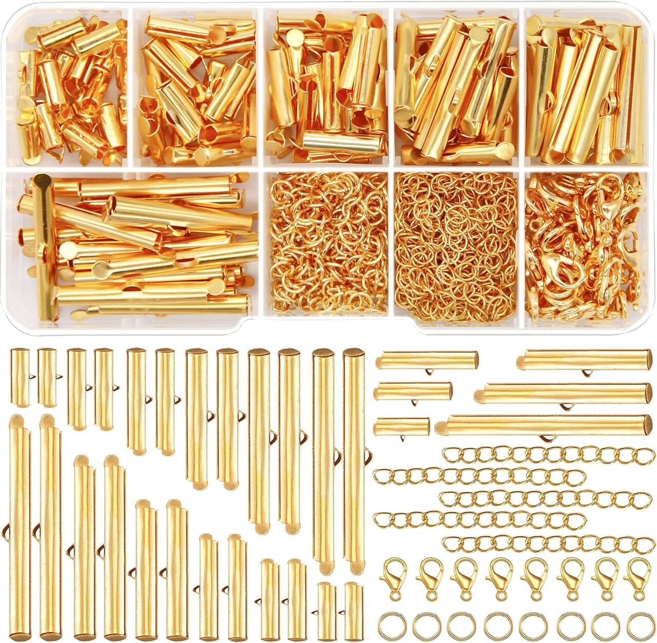 540Pcs Slider Clasp Kit, Beading Tube Slide Cord (6 Sizes, Gold)